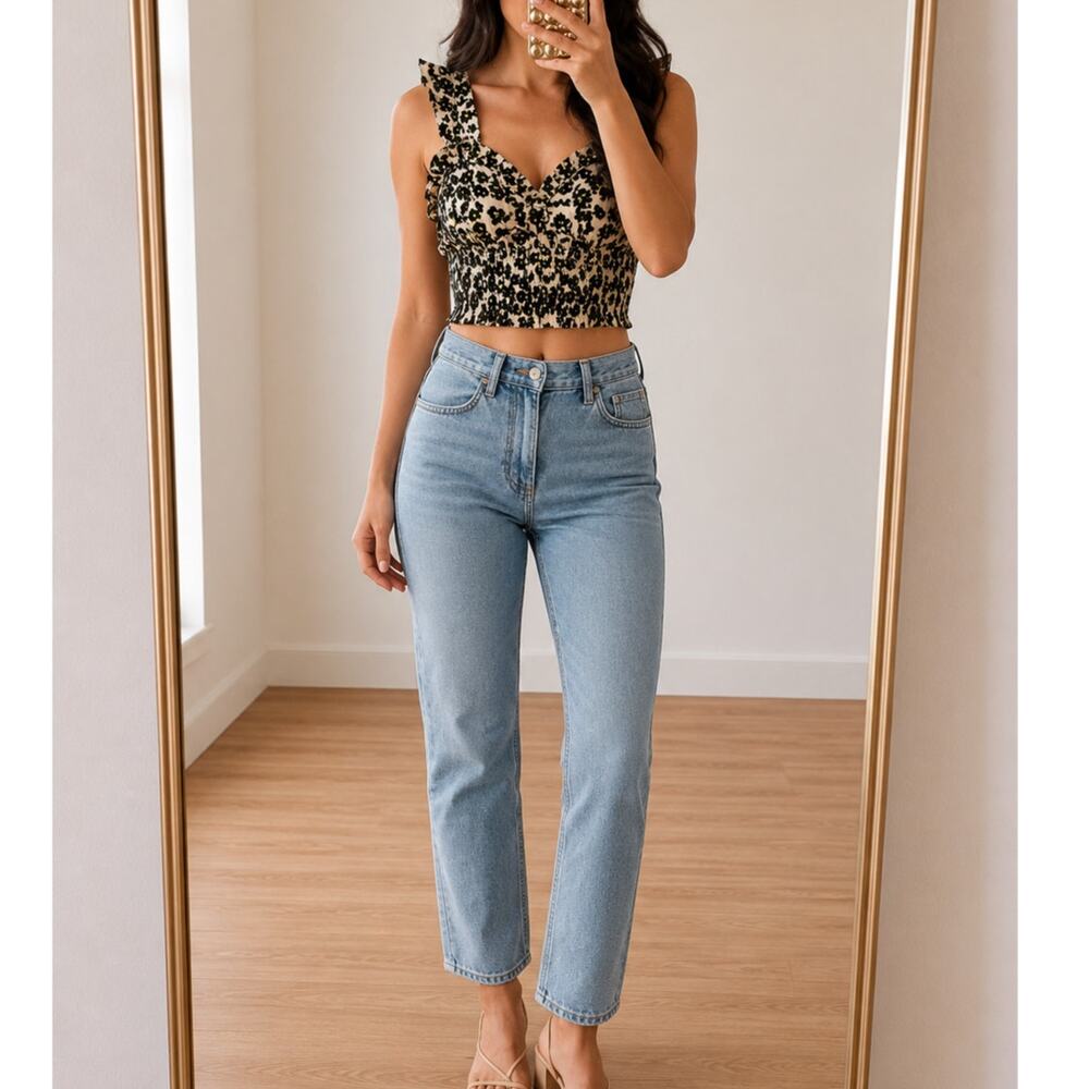 Topshop 🌿Floral Smocked Crop Top Women’s US 2 Black Beige Ruffle Cottagecore